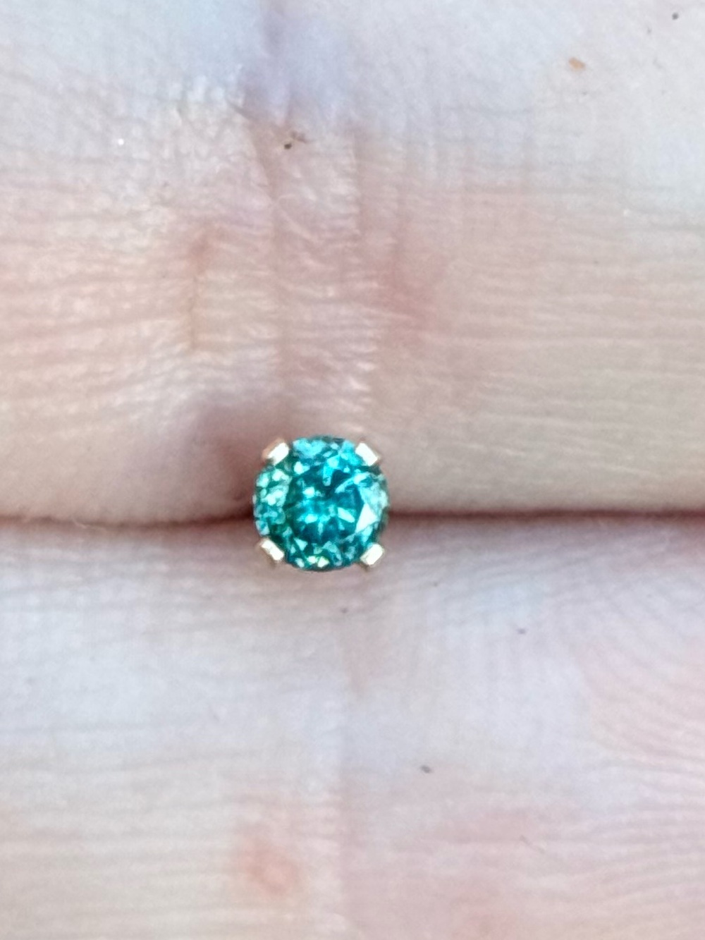 Solid 14k yellow gold genuine blue diamond stud earring